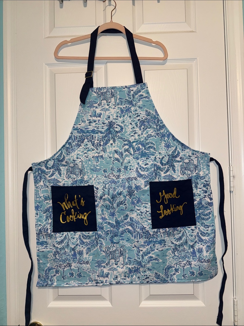 Lilly Pulitzer Light Blue Toile Apron with Navy Pockets and Gold Script